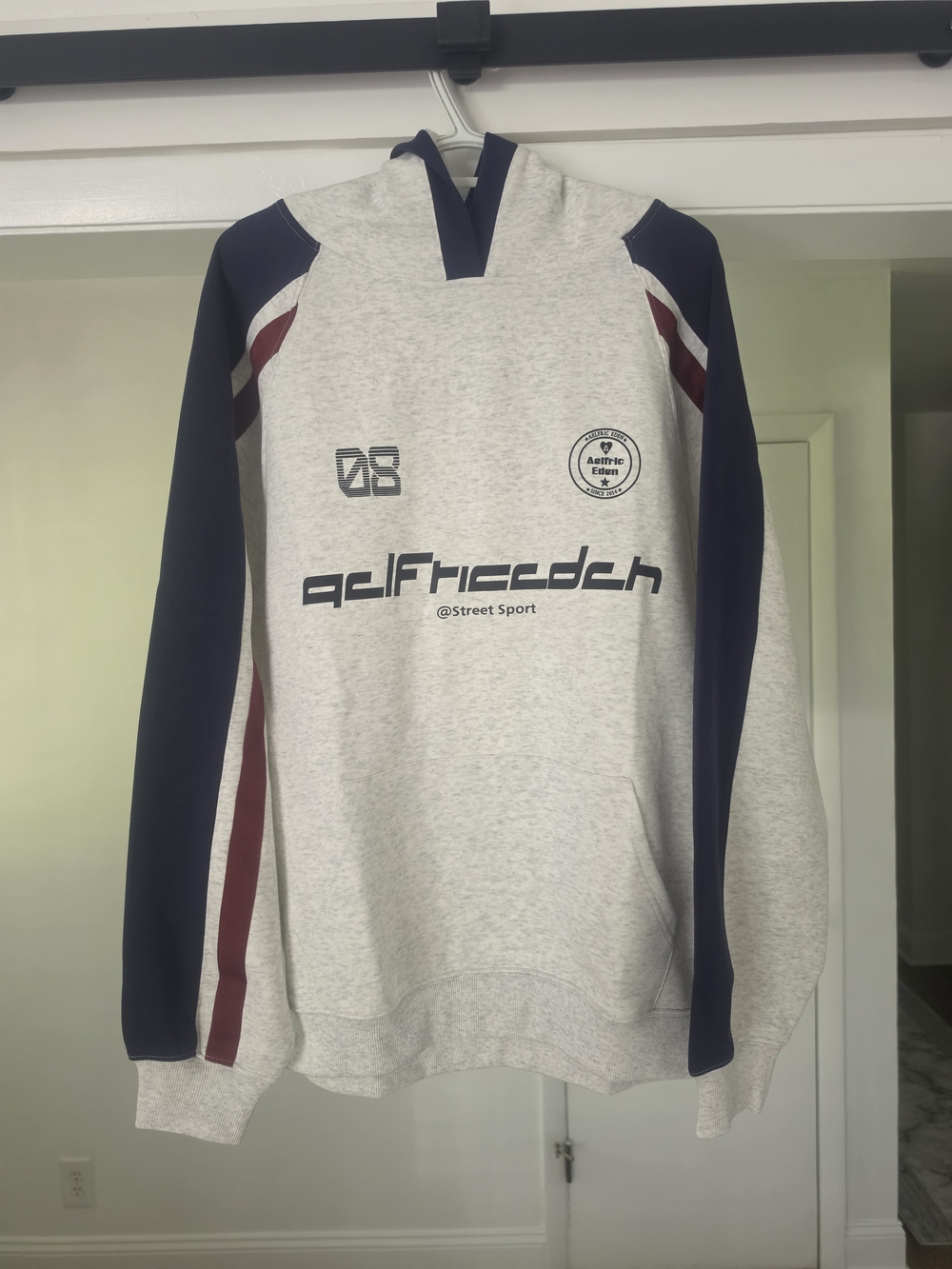 Street Sport Womens Grey Pullover Hoodie with Navy & Burgundy Accents - Picture 2 of 7